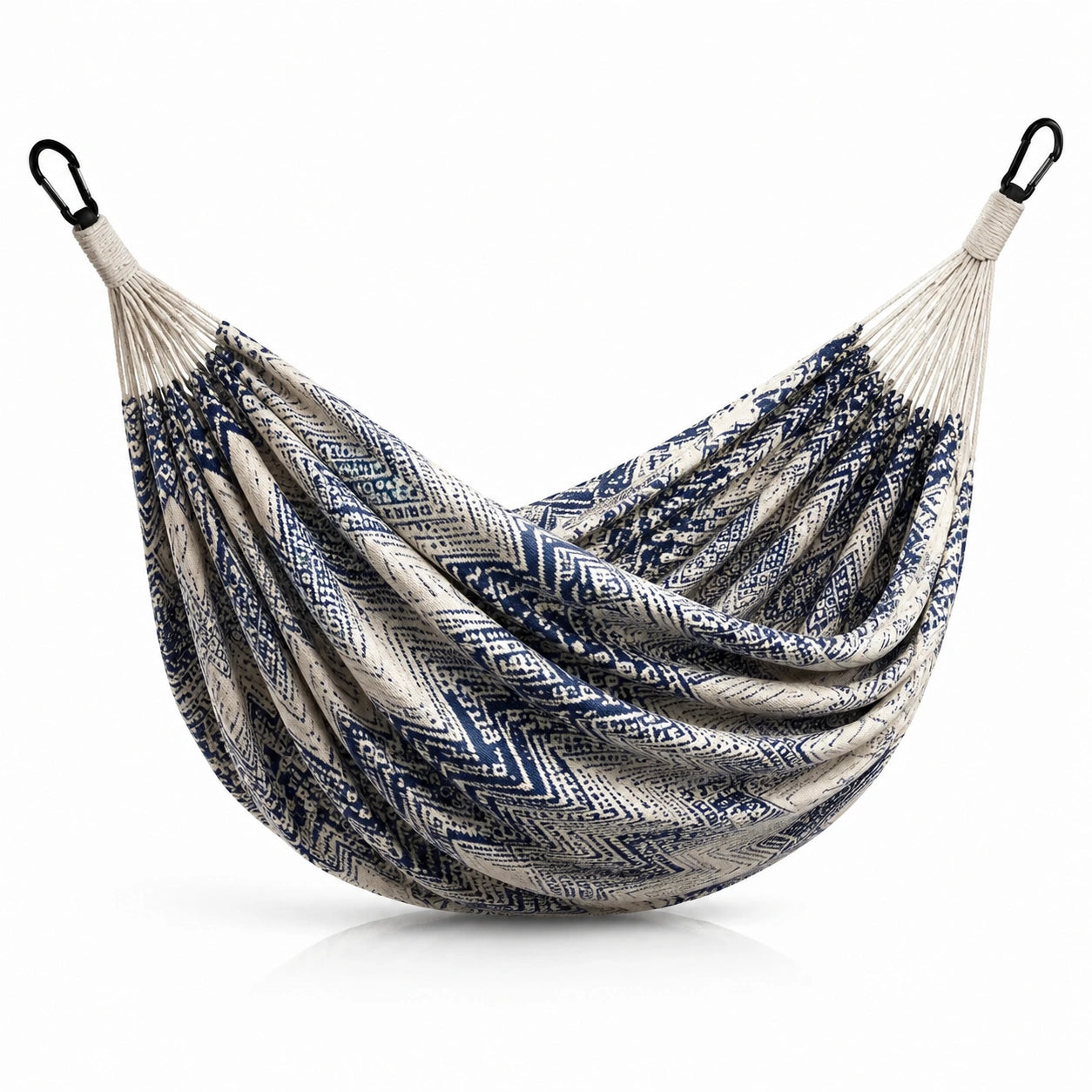 Hamac en coton bleu et blanc avec crochets métalliques