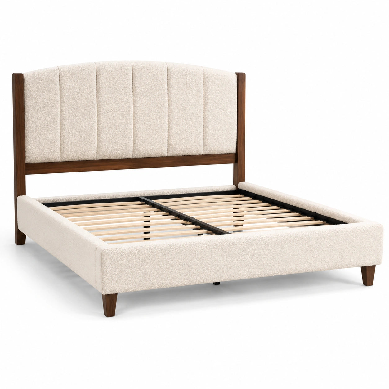 Lit double en bois et tissu bouclé beige 200x160 cm