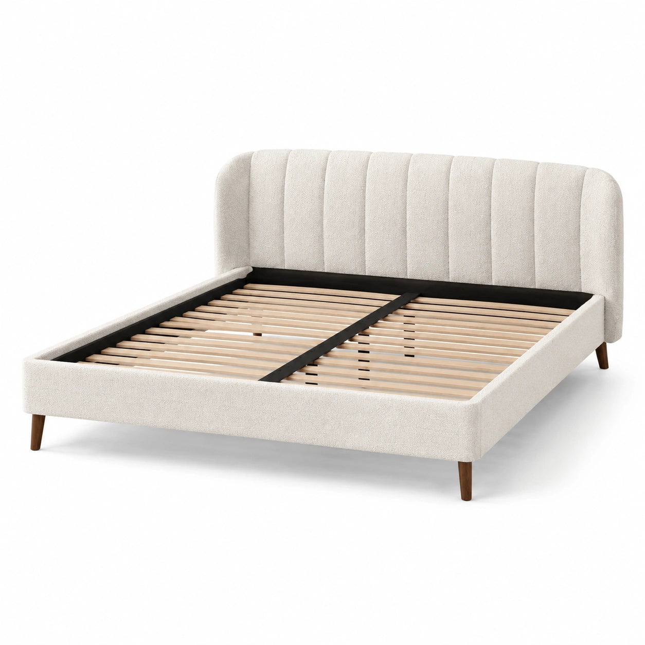 Lit double en tissu beige avec lattes intégrées 140x200 cm