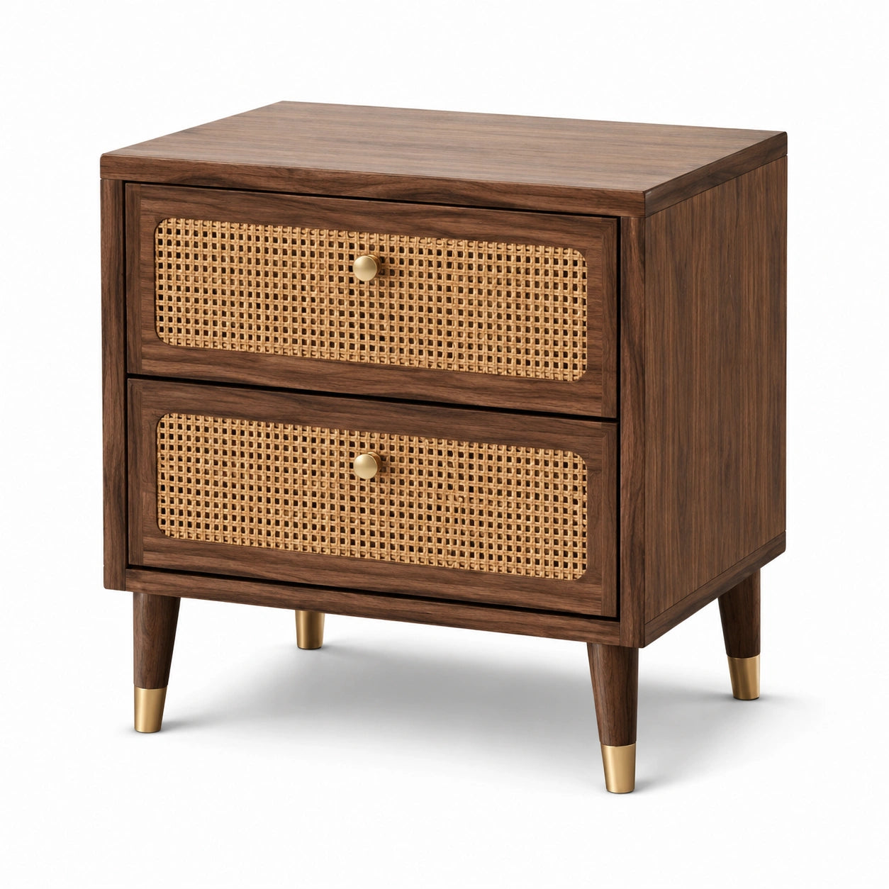 Table de chevet en bois avec tiroirs en rotin