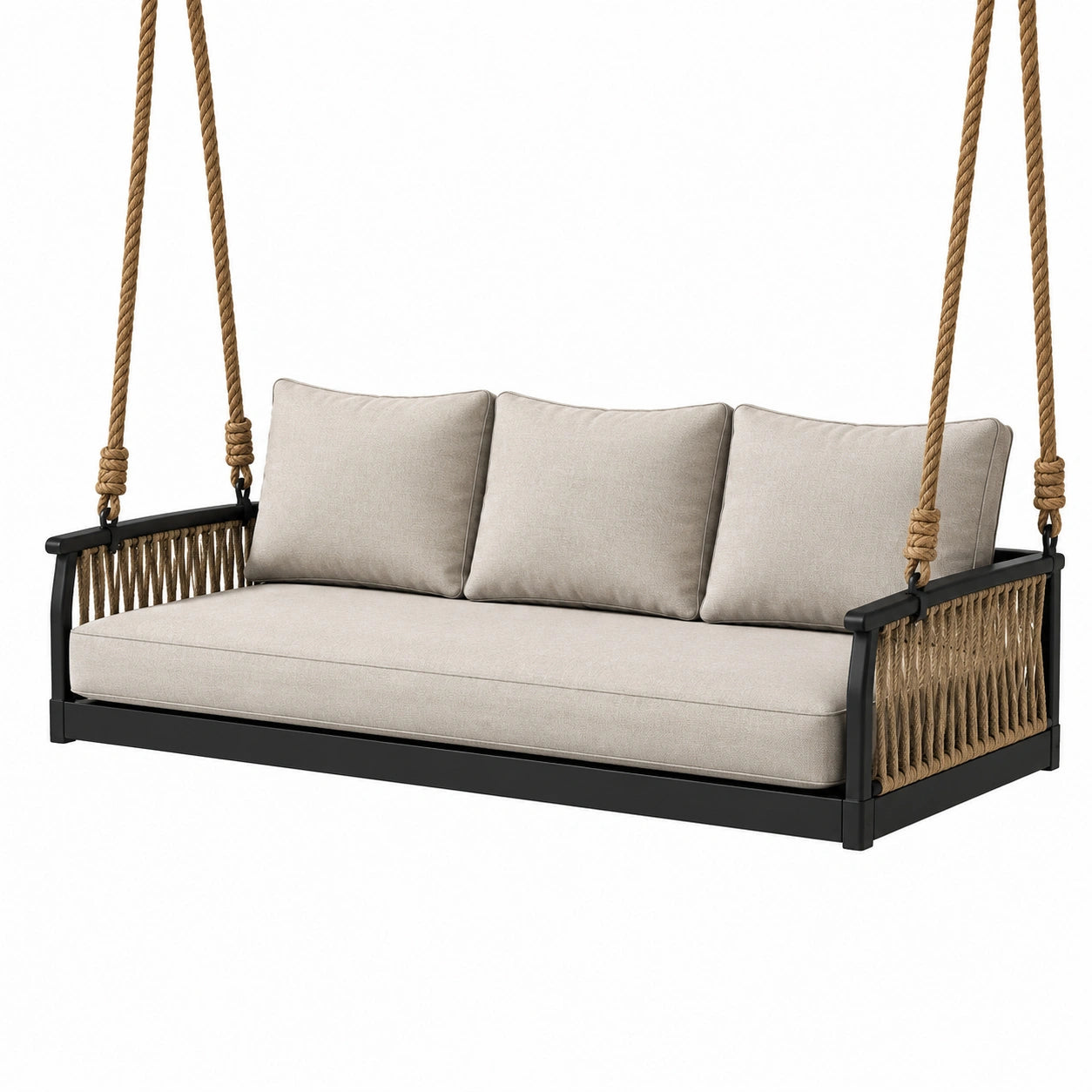 Balancelle d'extérieur en bois et métal avec coussins en tissu beige