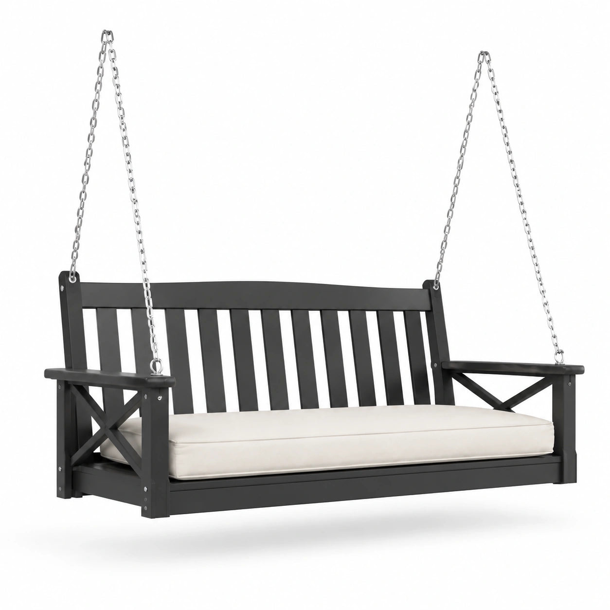 Balancelle extérieure en bois noir avec coussin beige 150 cm