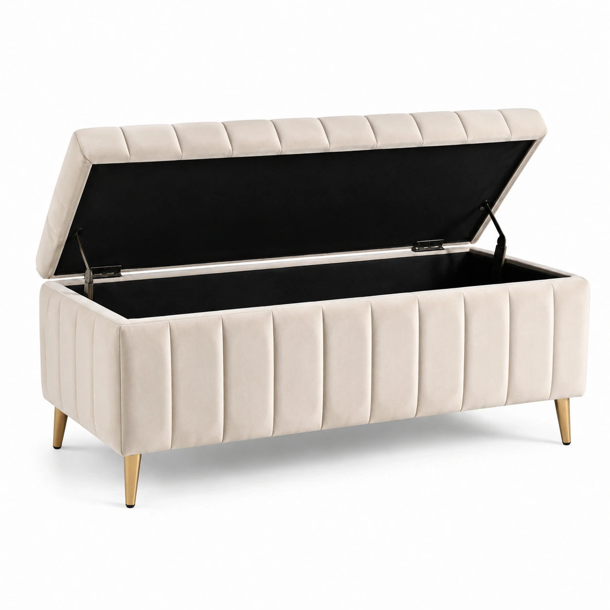 Banc de rangement en velours beige avec pieds en métal doré