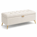 Banc de rangement en tissu bouclé beige avec pieds métalliques