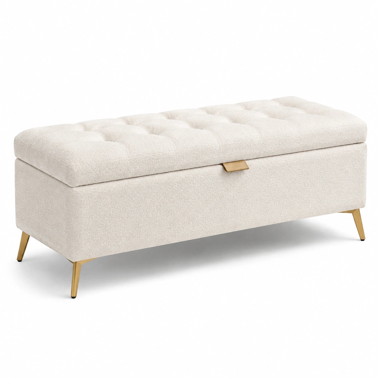 Banc de rangement en tissu bouclé beige avec pieds métalliques