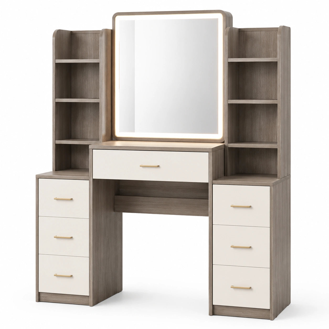 Coiffeuse avec miroir LED et rangements en bois composite