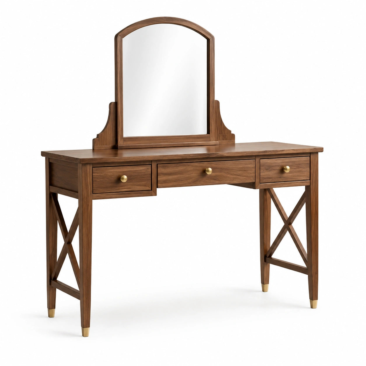 Coiffeuse en bois de noyer avec miroir et trois tiroirs
