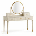 Coiffeuse en bois avec miroir rond et tiroirs beige et doré
