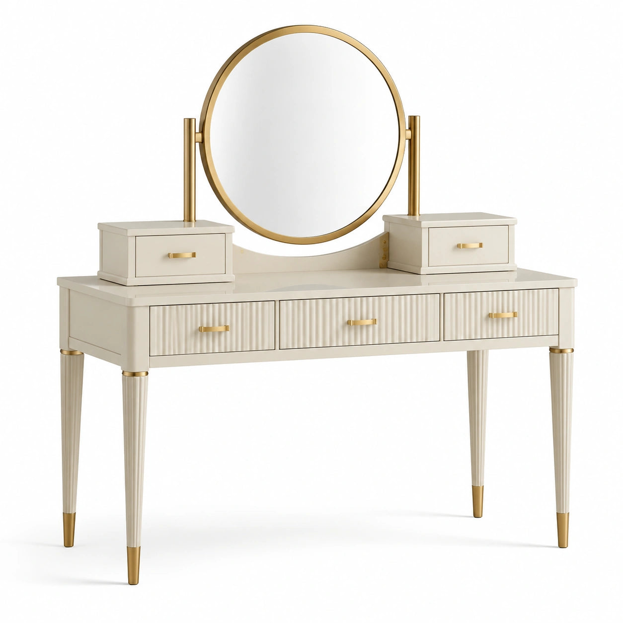 Coiffeuse en bois avec miroir rond et tiroirs beige et doré
