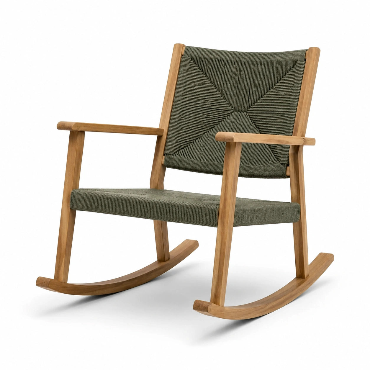 Fauteuil à bascule en bois de teck et corde synthétique vert