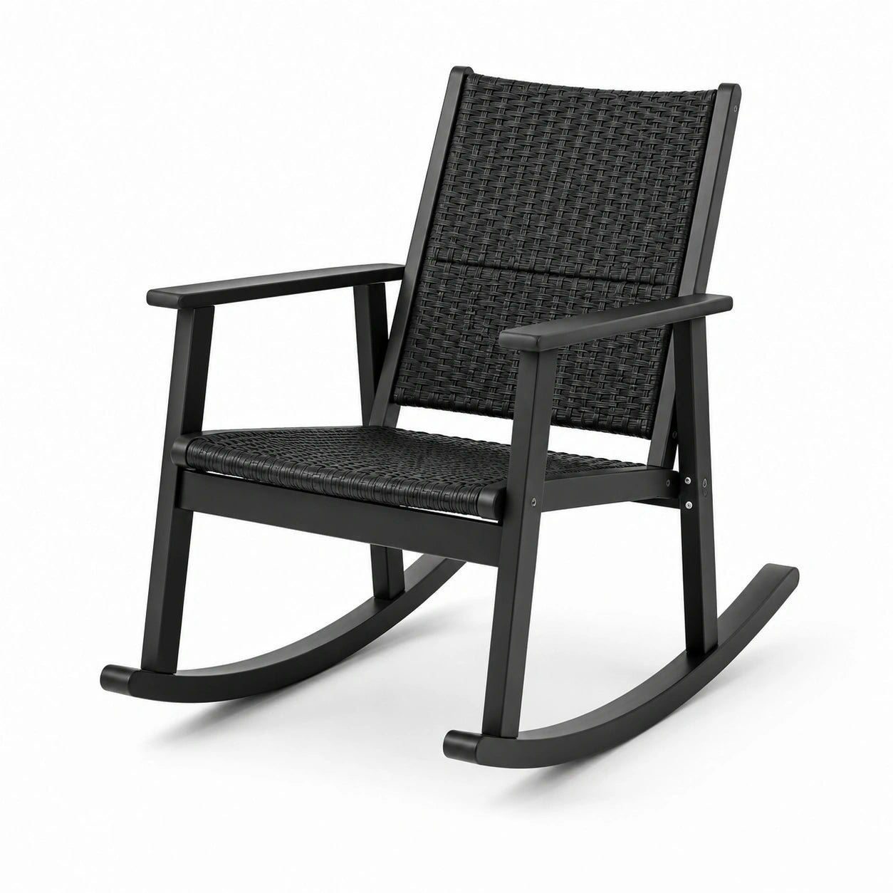 Chaise à bascule en métal noir et résine tressée