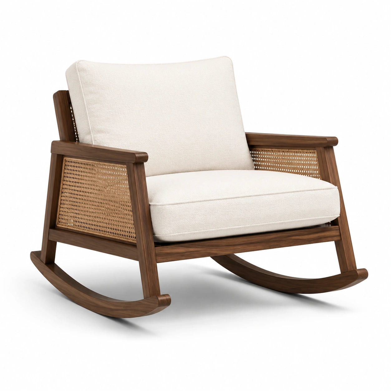 Fauteuil à bascule en bois de noyer avec cannage et coussins en polyester beige