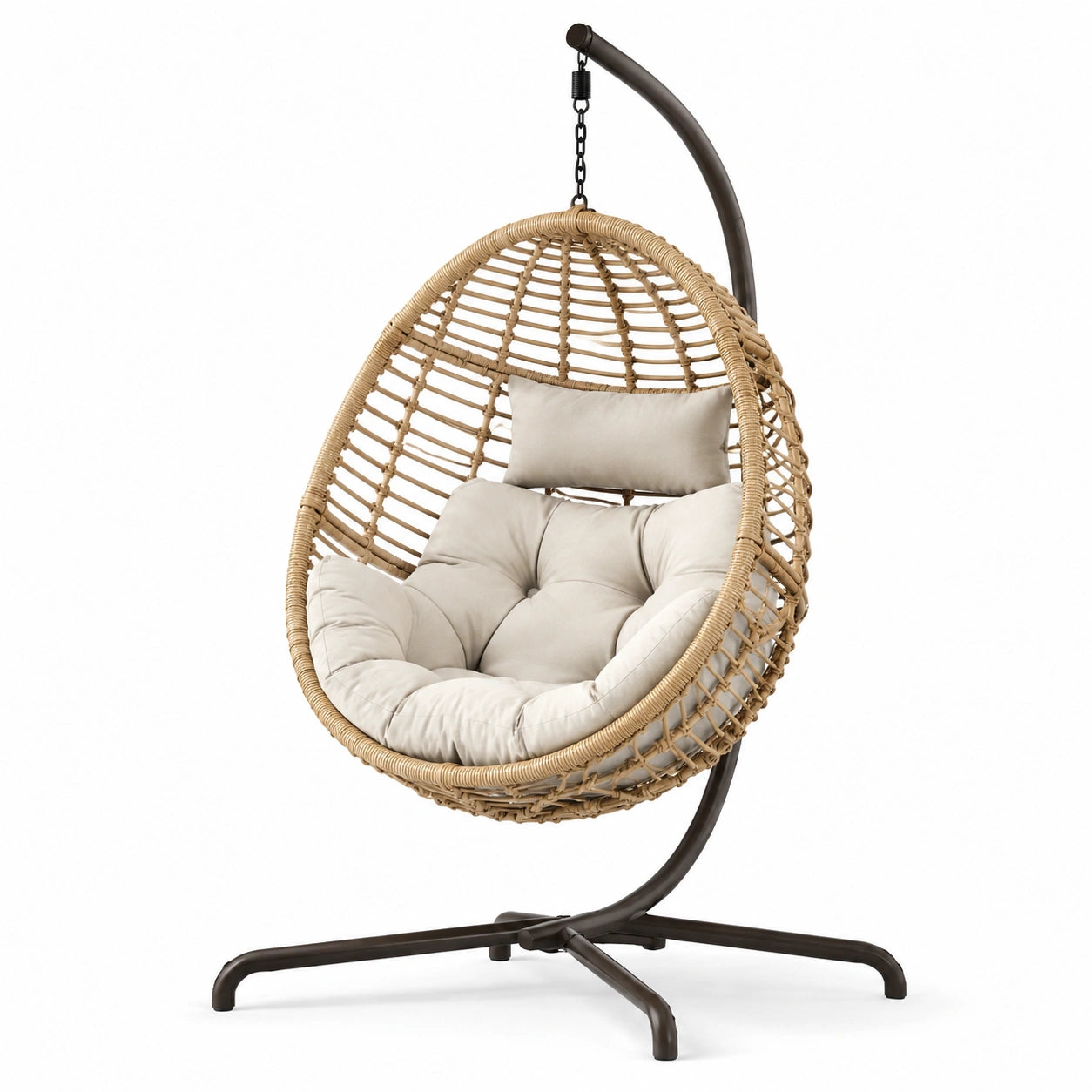 Fauteuil suspendu en rotin synthétique avec coussin beige et cadre en métal