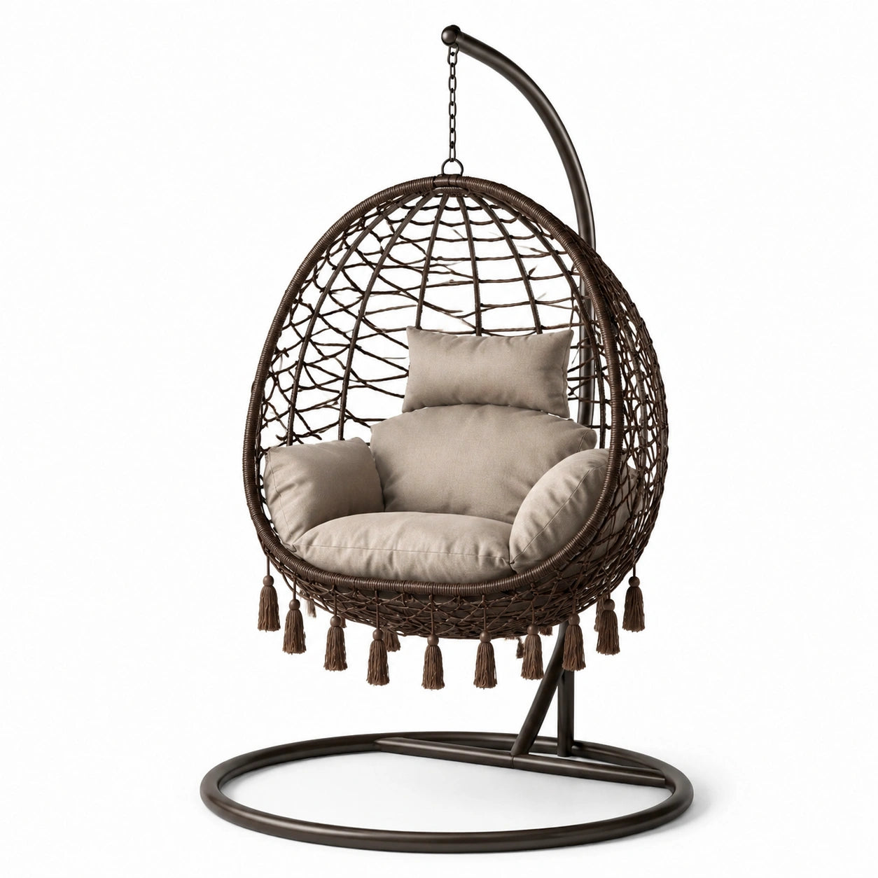 Chaise suspendue en rotin avec coussins beige et structure métallique